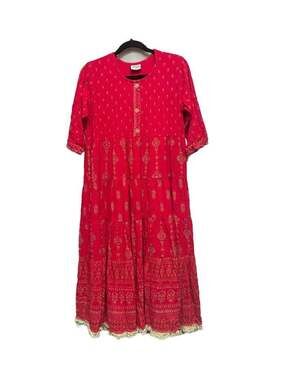 Hosh Live Fashion Red Gold Print Tiered Maxi Dress Size XL